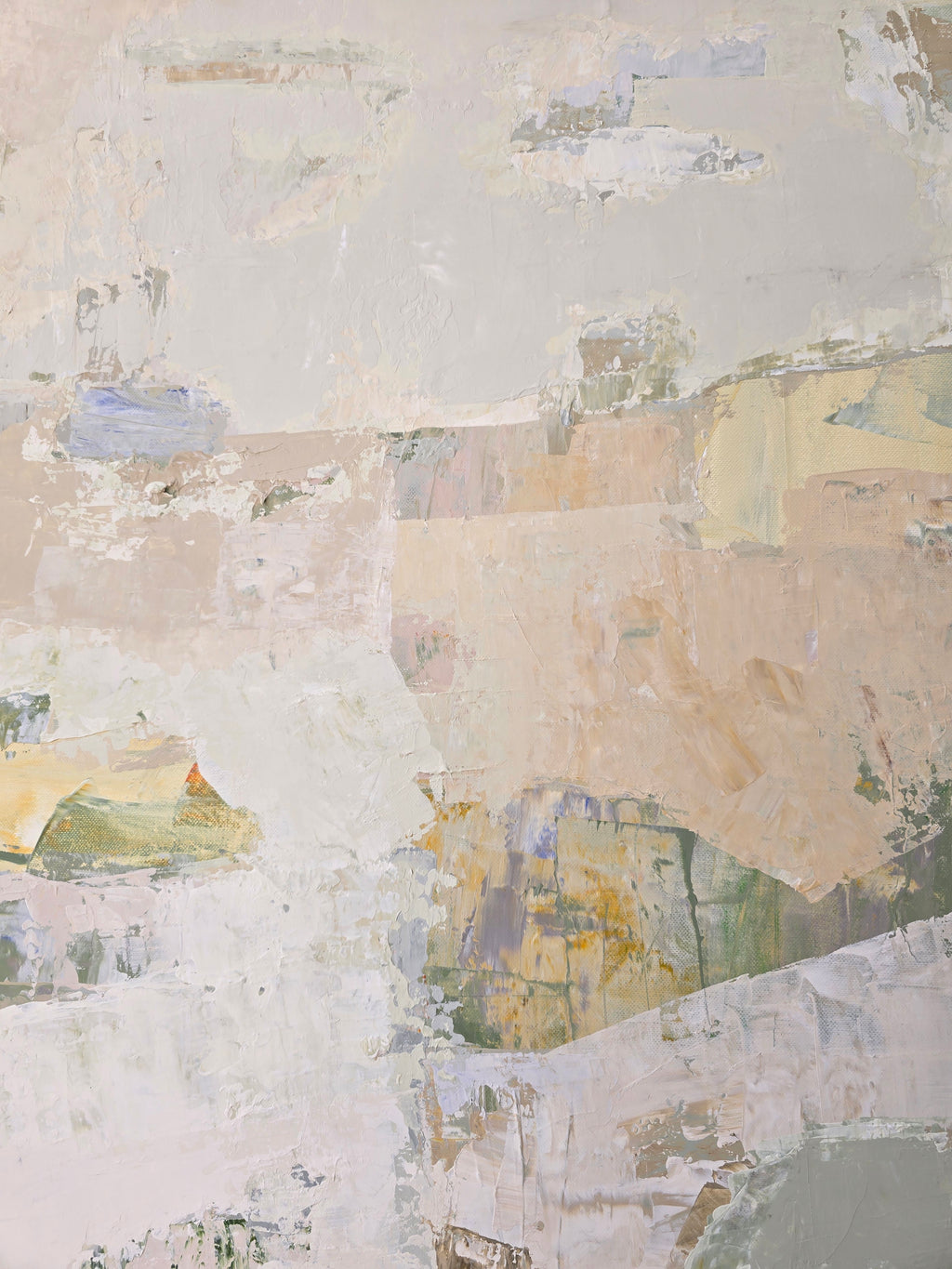 An abstract canvas painting featuring a textured, layered composition of off-white, beige, and soft pastel tones | Birute Studio