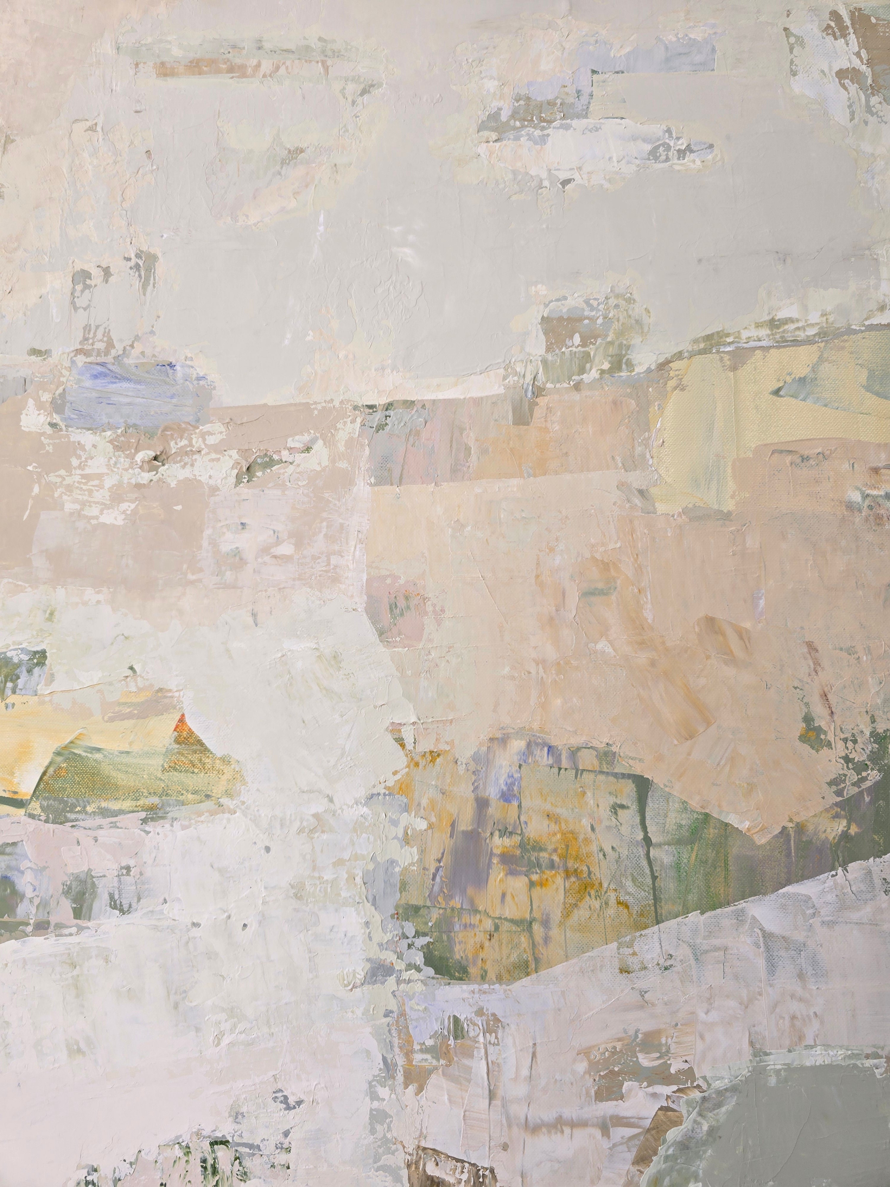 An abstract canvas painting featuring a textured, layered composition of off-white, beige, and soft pastel tones | Birute Studio