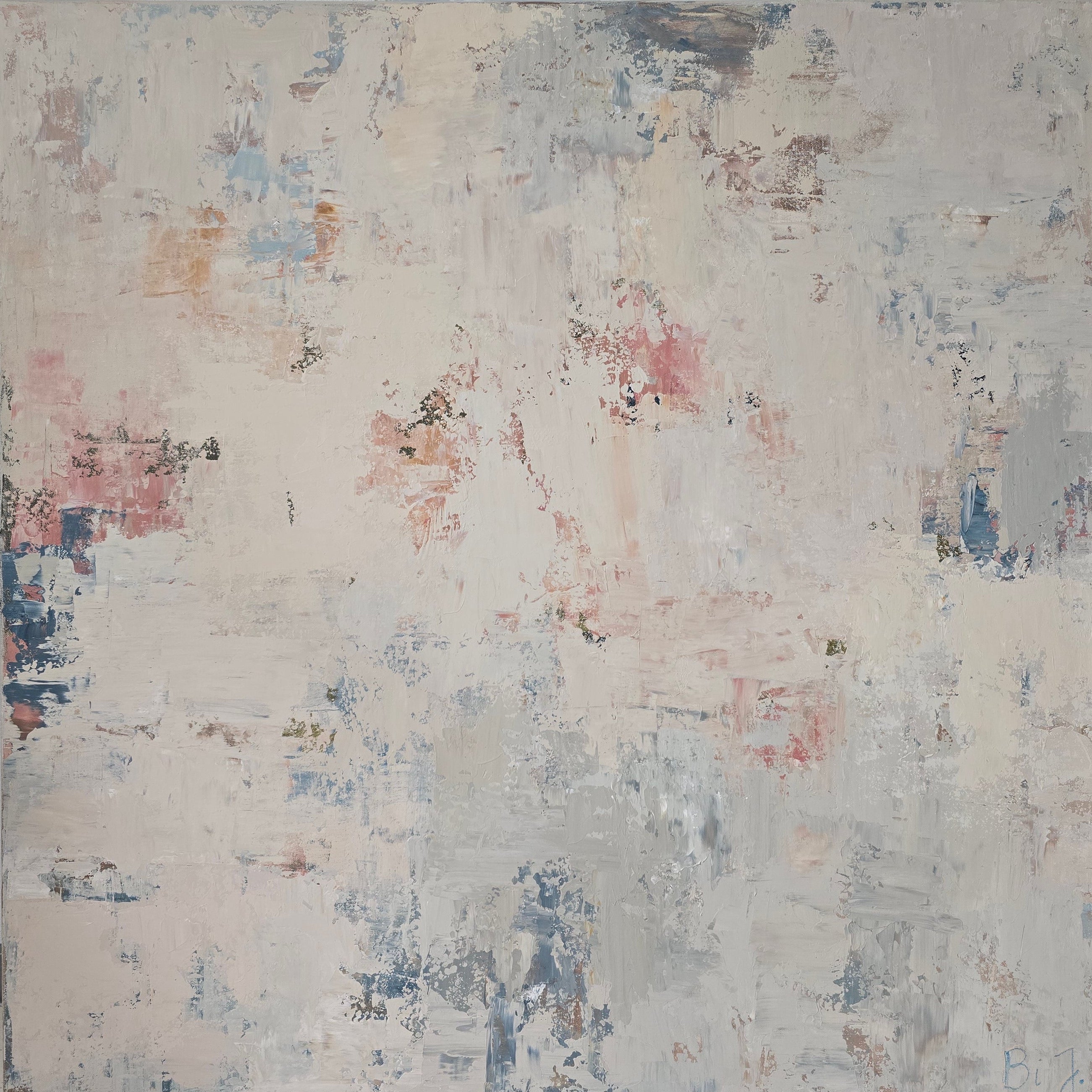 An abstract canvas painting with textured brushstrokes in off-white, gray, muted blue, and soft pink, displayed against a distressed white wall.
