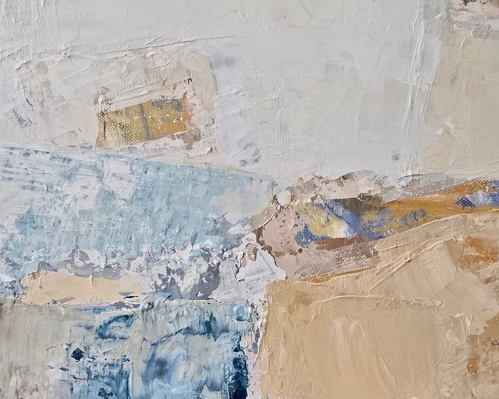 Abstract textured painting with layered texture in off-white, beige, gray, soft pink, and small areas of muted yellow and blue created by BIRUTE STUDIO.