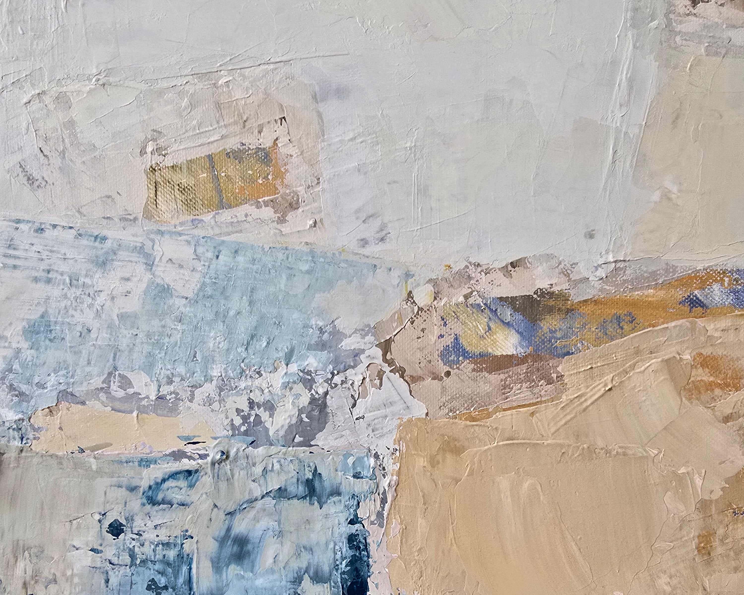 Abstract textured painting with layered texture in off-white, beige, gray, soft pink, and small areas of muted yellow and blue created by BIRUTE STUDIO.