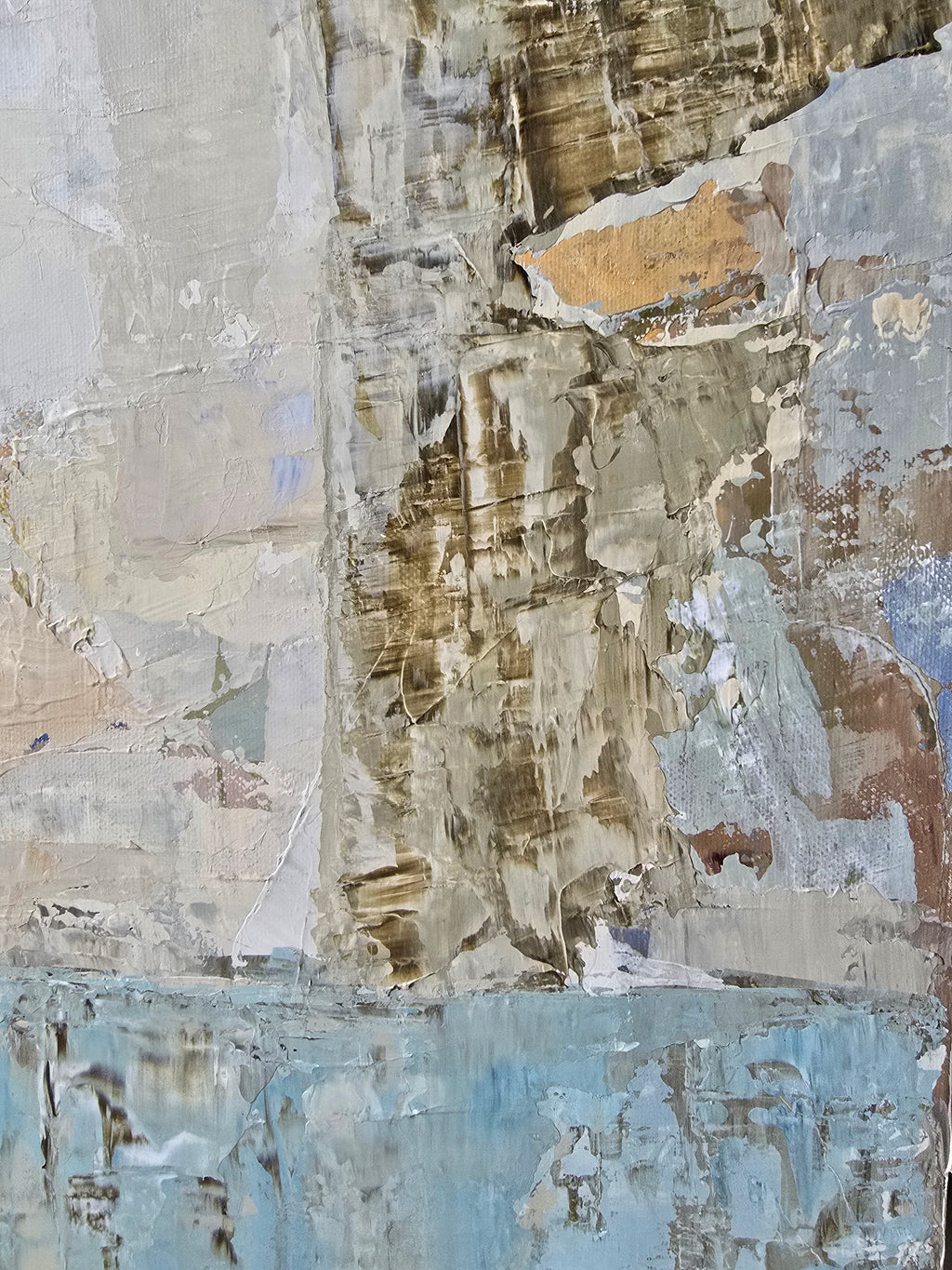 Abstract textured painting with layered texture in off-white, beige, gray, soft pink, and small areas of muted yellow and blue created by BIRUTE STUDIO.