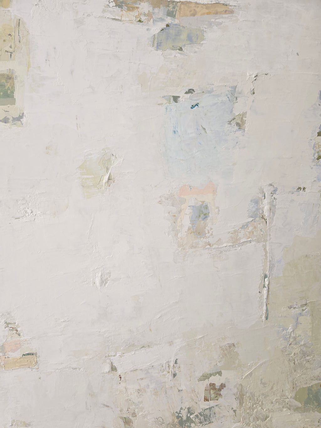 An abstract painting featuring textured layers of off-white, beige, pale yellow, and soft sage green was created by BIRUTE STUDIO.
