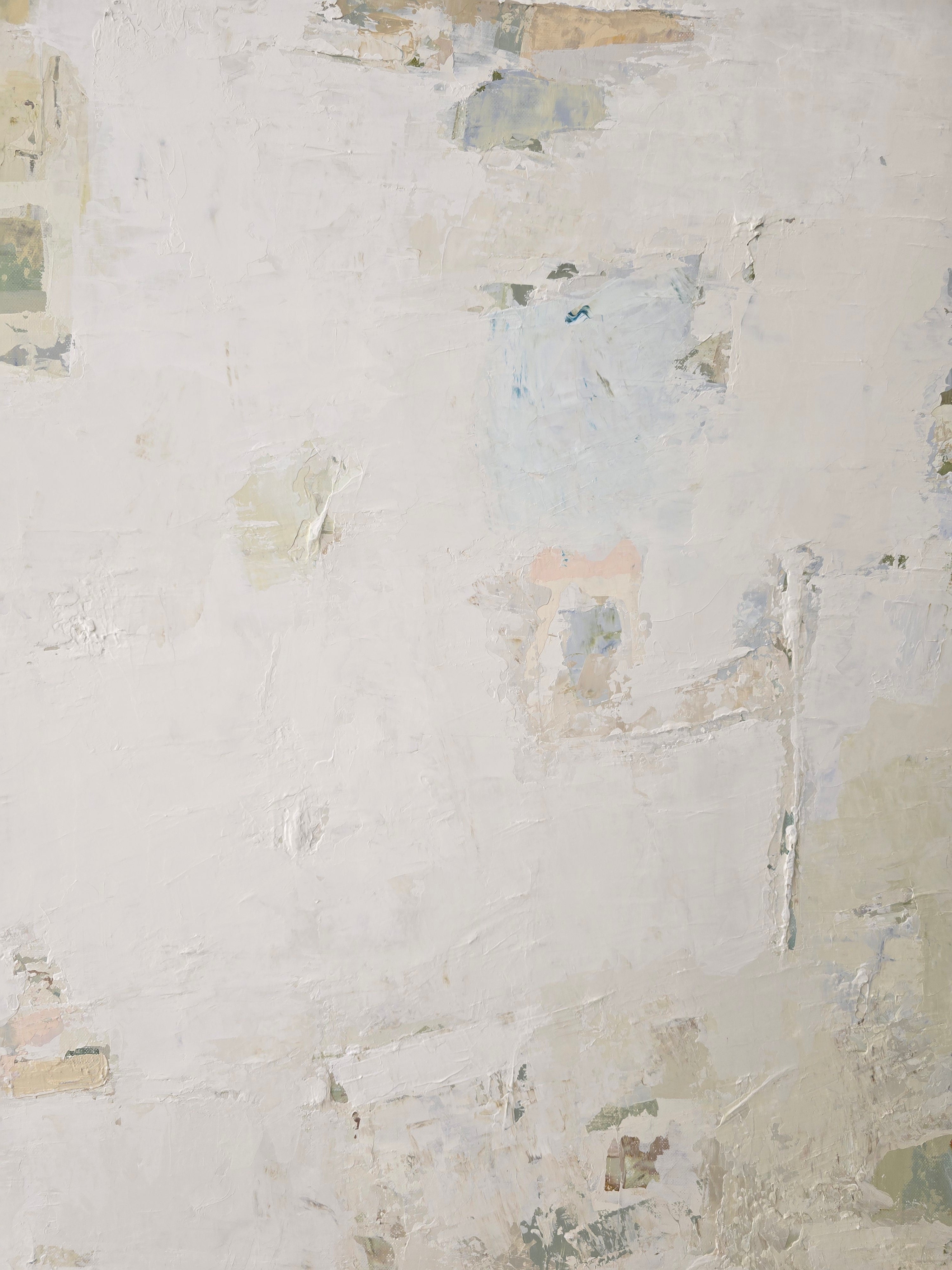 An abstract painting featuring textured layers of off-white, beige, pale yellow, and soft sage green was created by BIRUTE STUDIO.