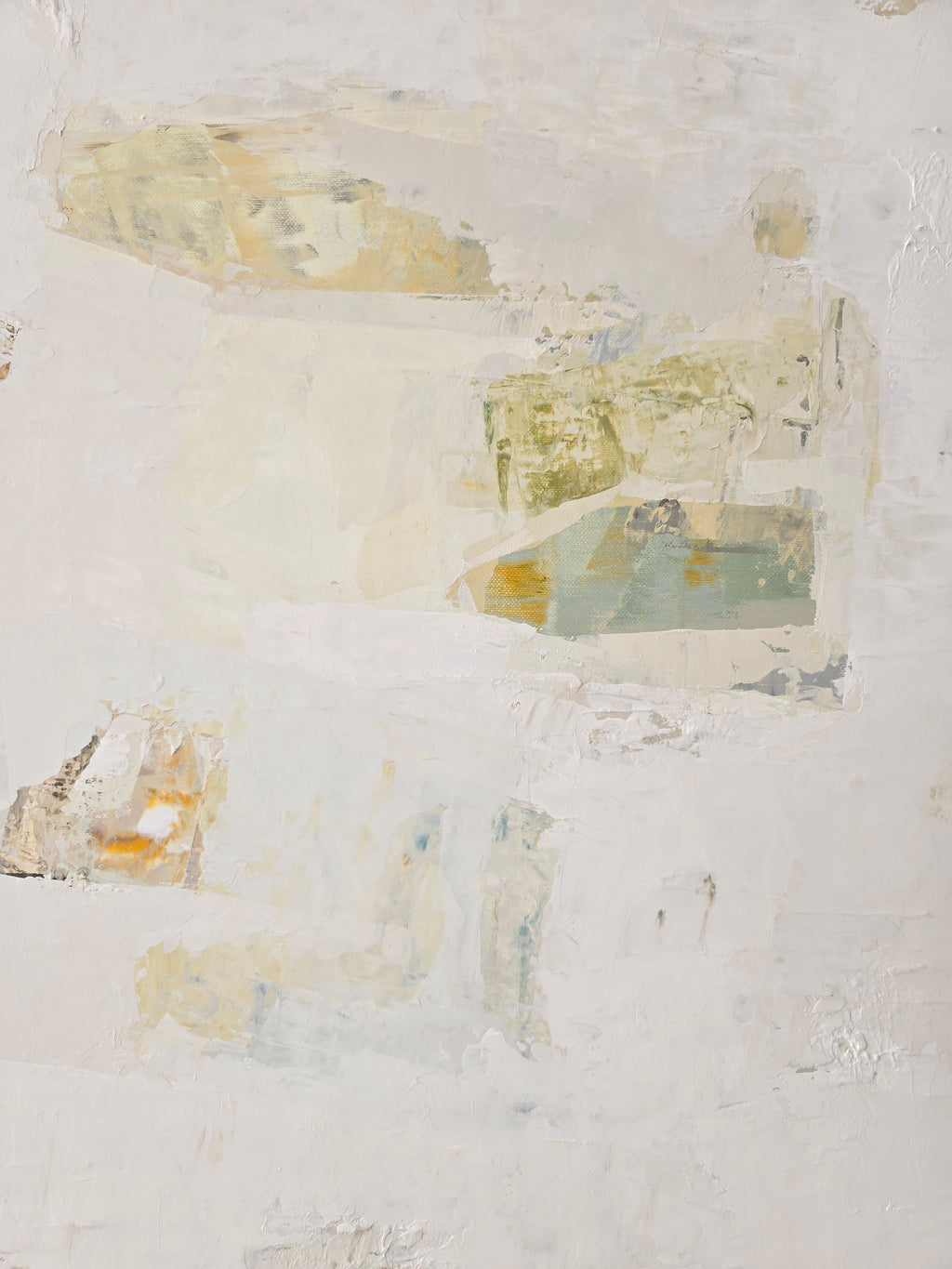 An abstract painting featuring textured layers of off-white, beige, pale yellow, and soft sage green was created by BIRUTE STUDIO.