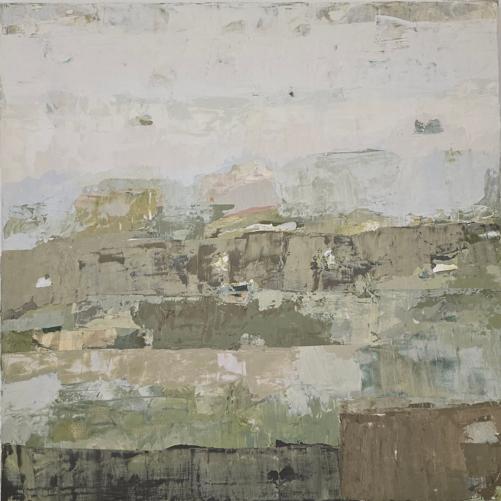 An abstract landscape painting featuring layered horizontal brushstrokes in muted tones of gray, beige, olive green, and brown, with a pale, hazy sky at the top.