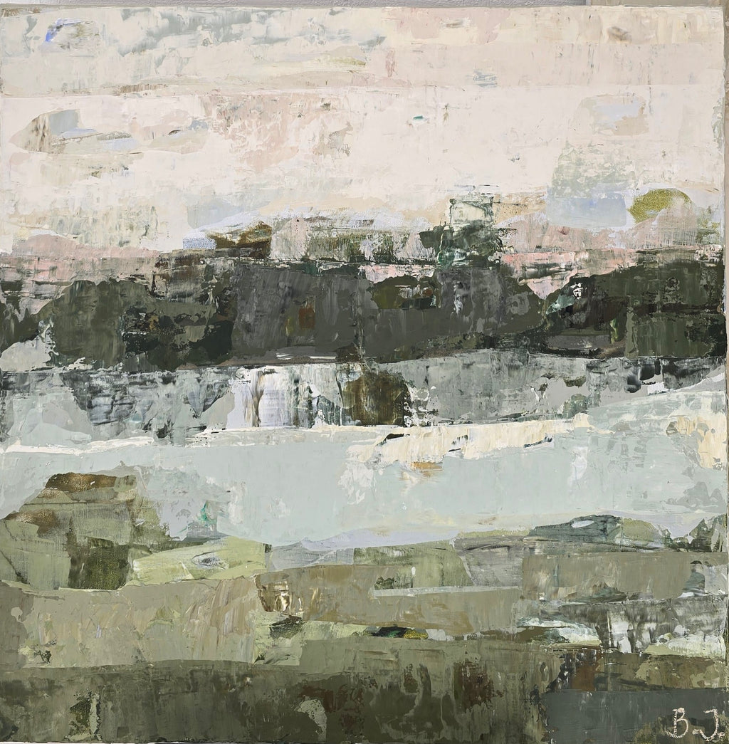 An abstract landscape painting featuring textured layers of gray, off-white, black, and muted olive green, with a soft, pale sky at the top.
