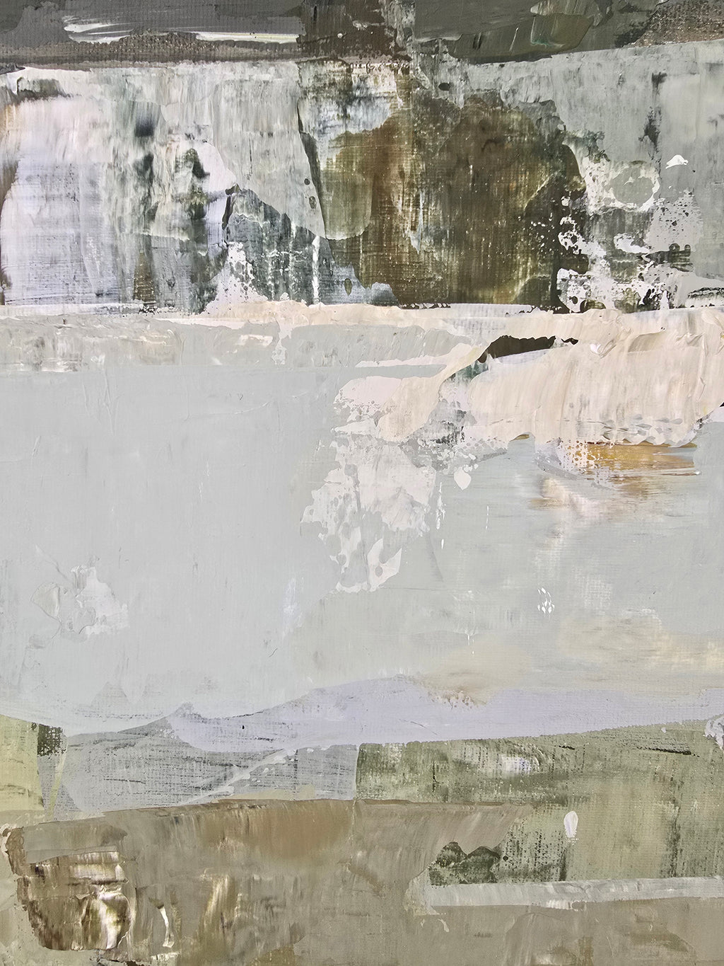 An abstract textured painting featuring horizontal bands of off-white, gray, beige, and muted olive-green tones with visible layered impasto details.