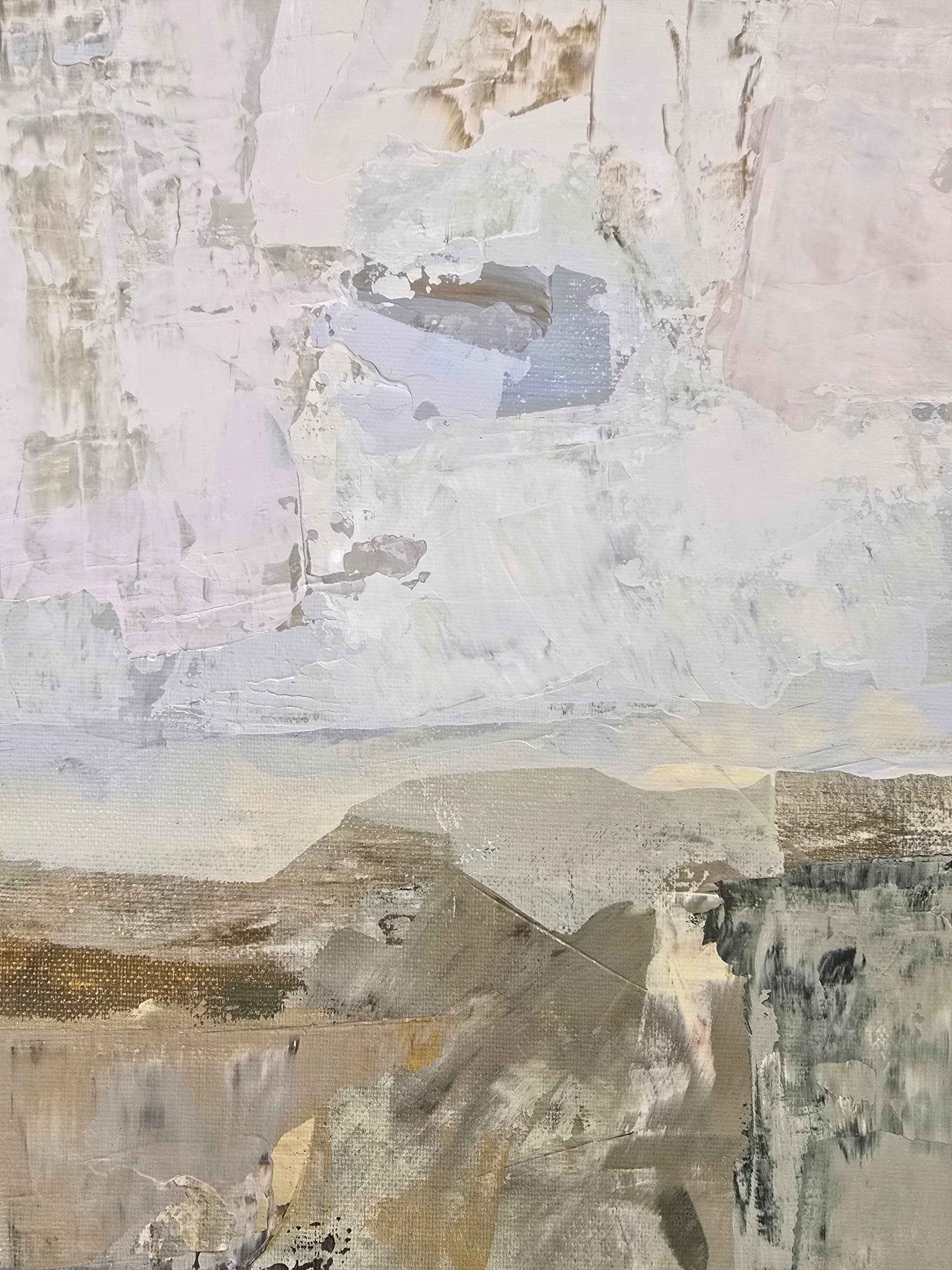 An abstract canvas painting created by Birute Studio in beige, gray, olive green, and brown tones.