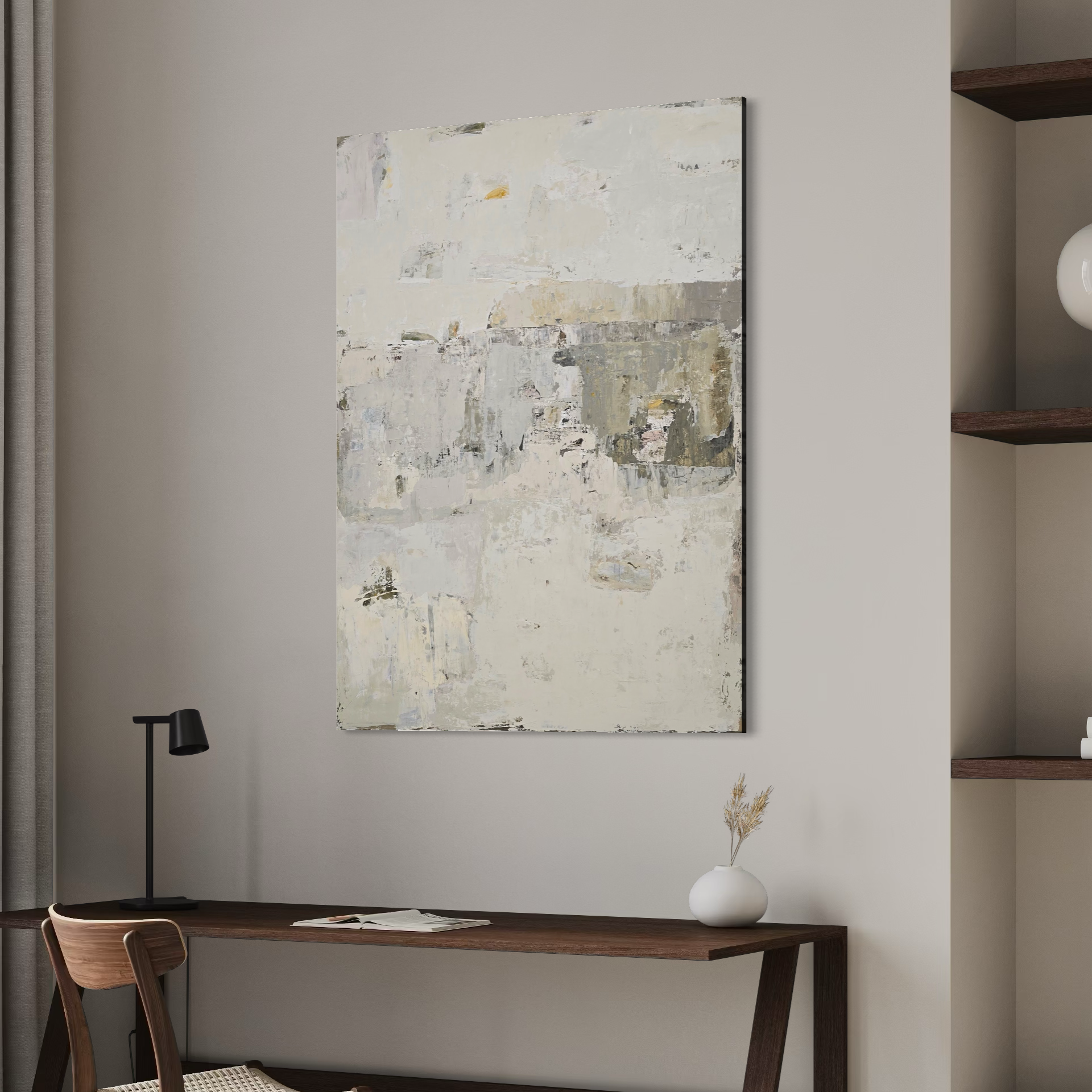 Beige and light-toned textured hand-made abstract painting on a wall created by Birute Studio.
