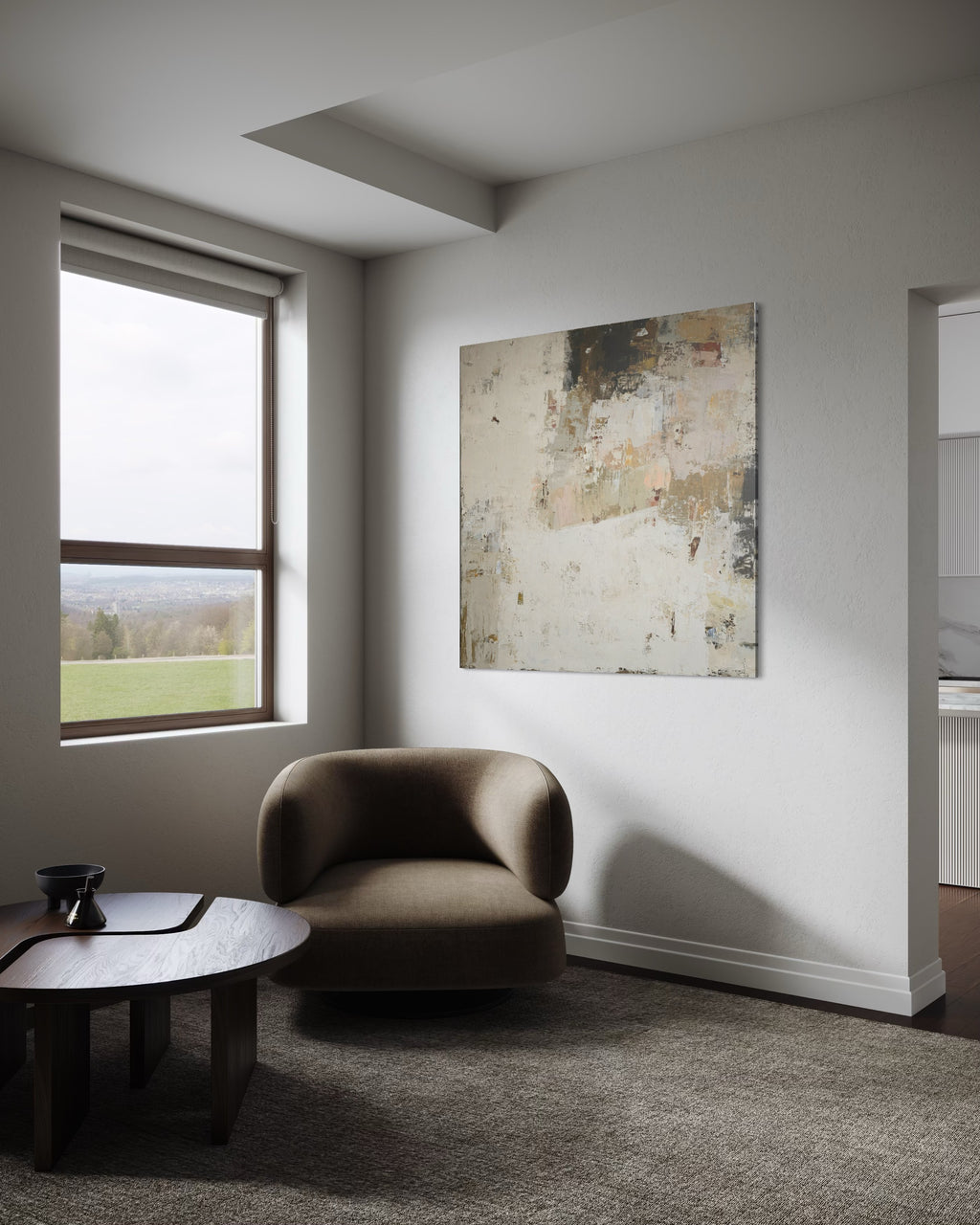 Didelis abstraktus paveikslas -„Fade Series III“. 130x130 cm