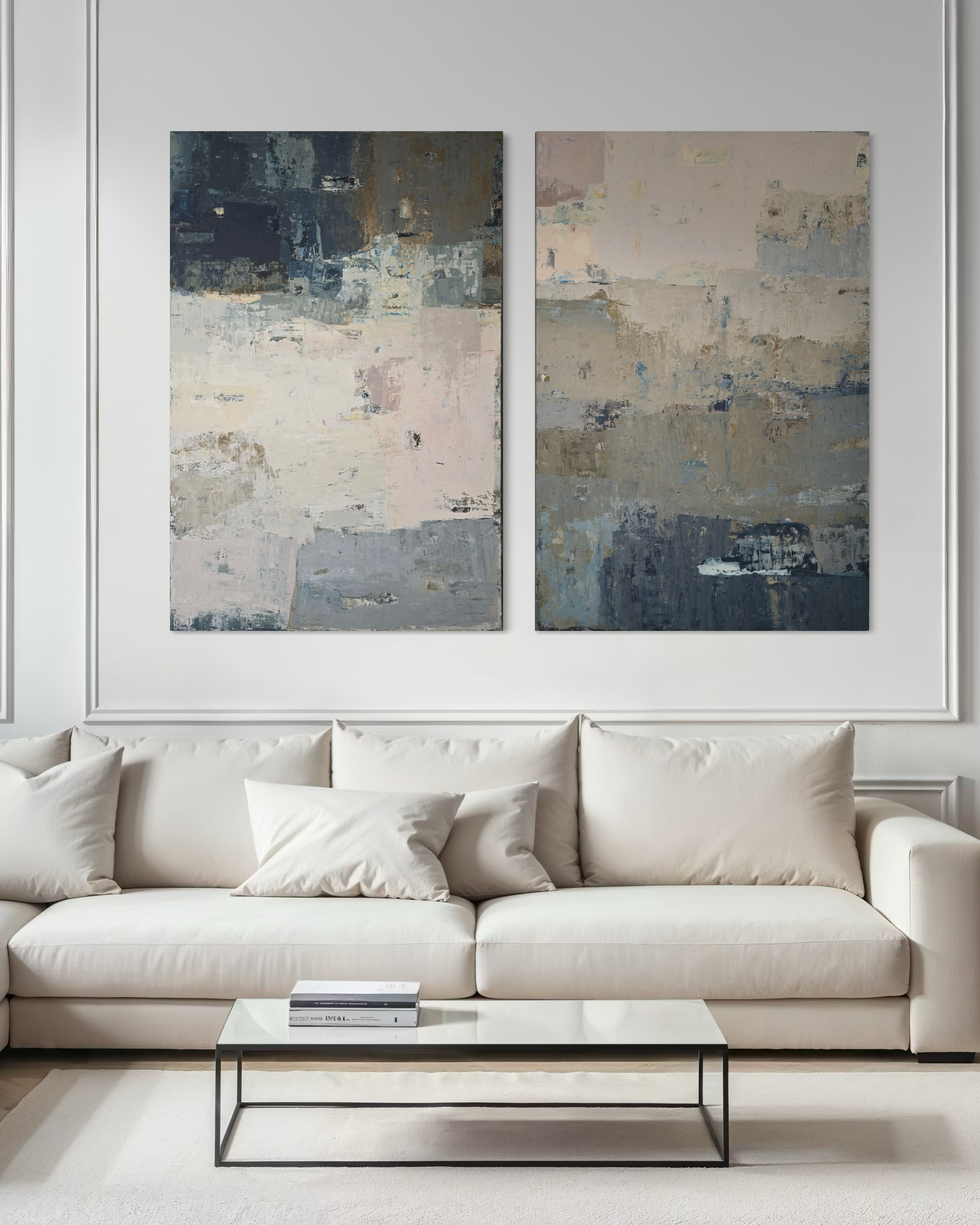 Modern living room with a white sofa and original abstract large-scale wall art in neutral, warm and pastel blue, green tones with rich layered texture.