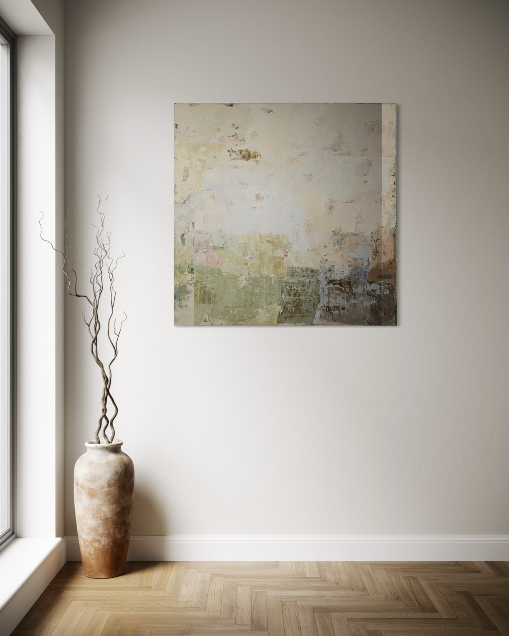 BIRUTE STUDIO abstract painting on a wall with a vase and branches in a room with a window.