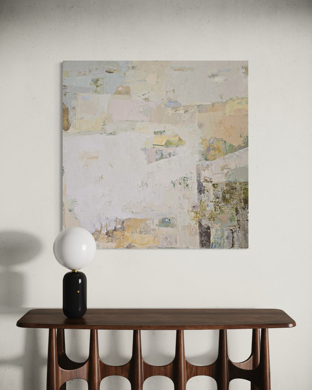 An abstract canvas painting featuring a textured, layered composition of off-white, beige, and soft pastel tones | Birute Studio
