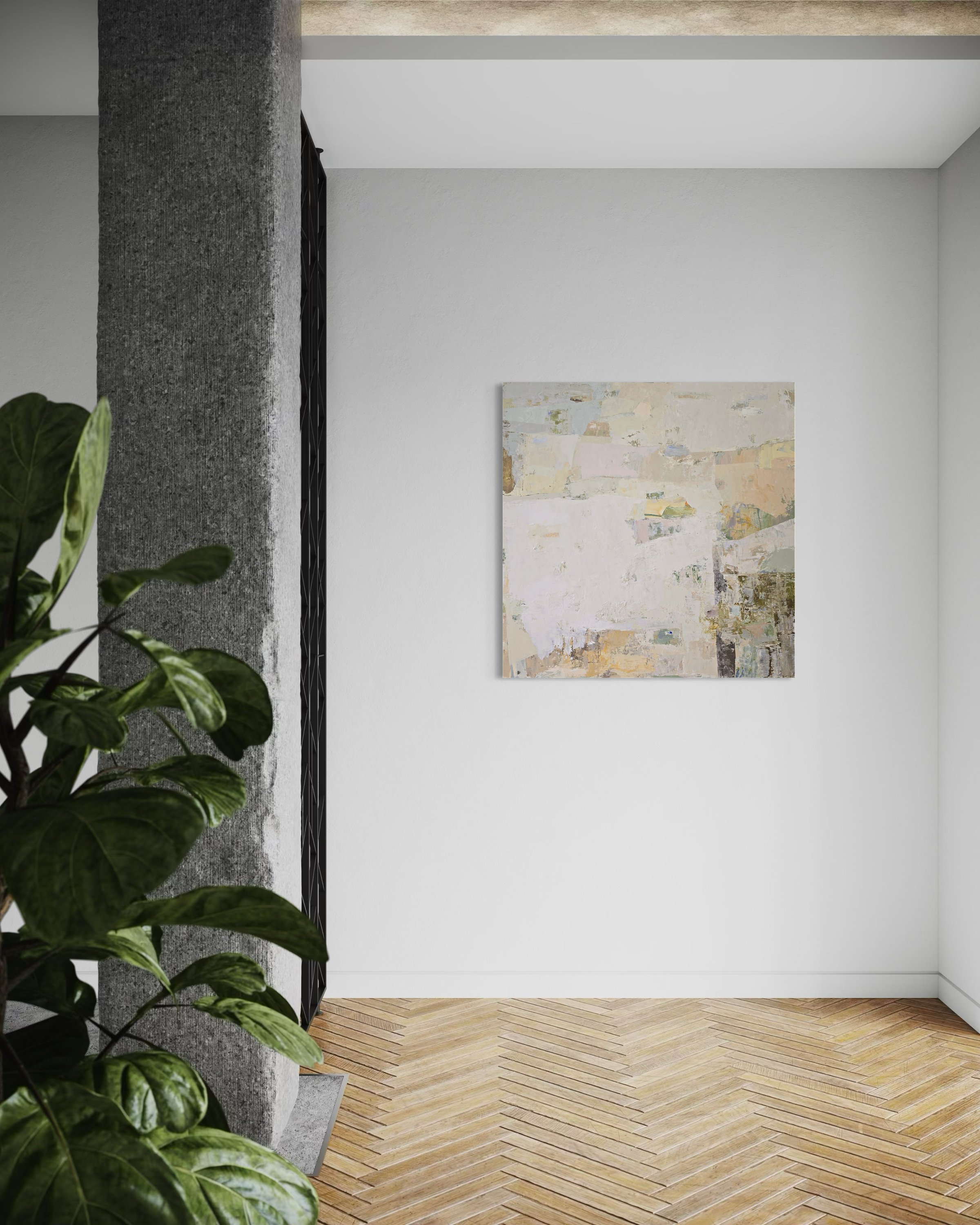 An abstract canvas painting featuring a textured, layered composition of off-white, beige, and soft pastel tones | Birute Studio