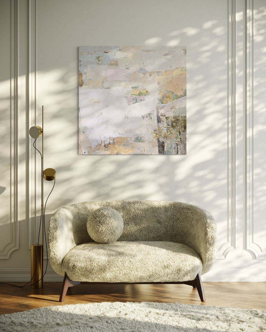 An abstract canvas painting featuring a textured, layered composition of off-white, beige, and soft pastel tones | Birute Studio