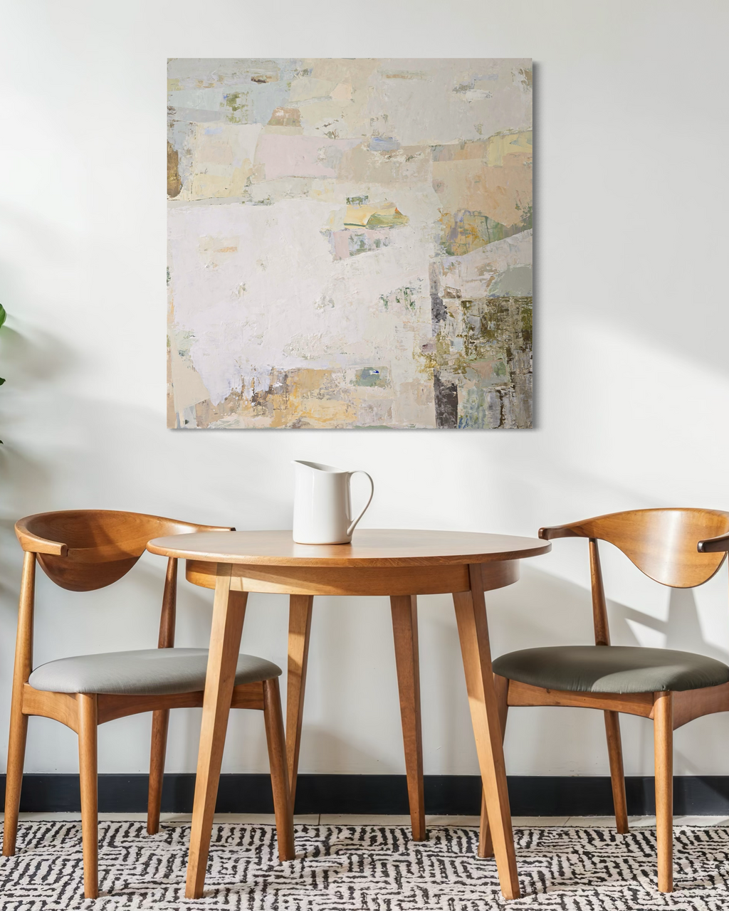 An abstract canvas painting featuring a textured, layered composition of off-white, beige, and soft pastel tones | Birute Studio