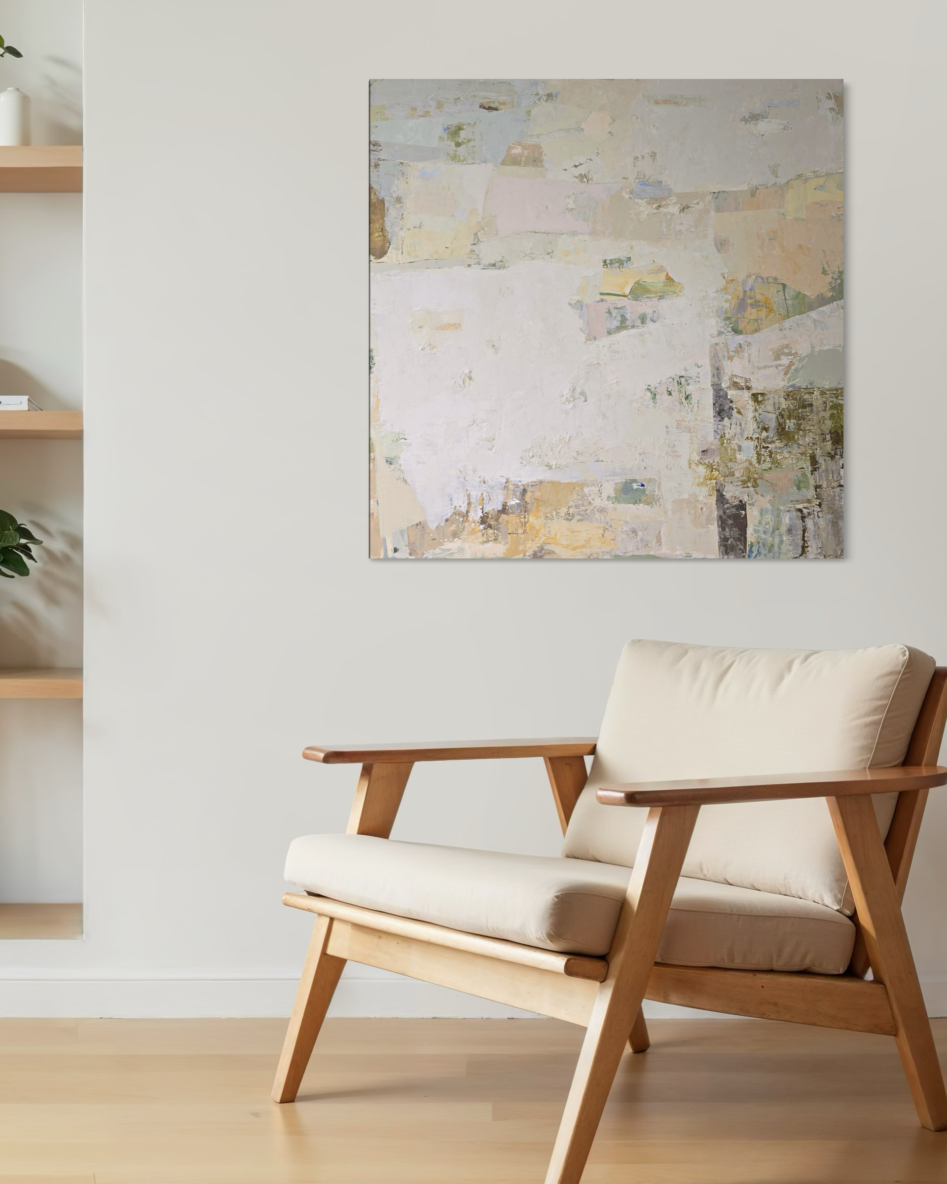 An abstract canvas painting featuring a textured, layered composition of off-white, beige, and soft pastel tones | Birute Studio