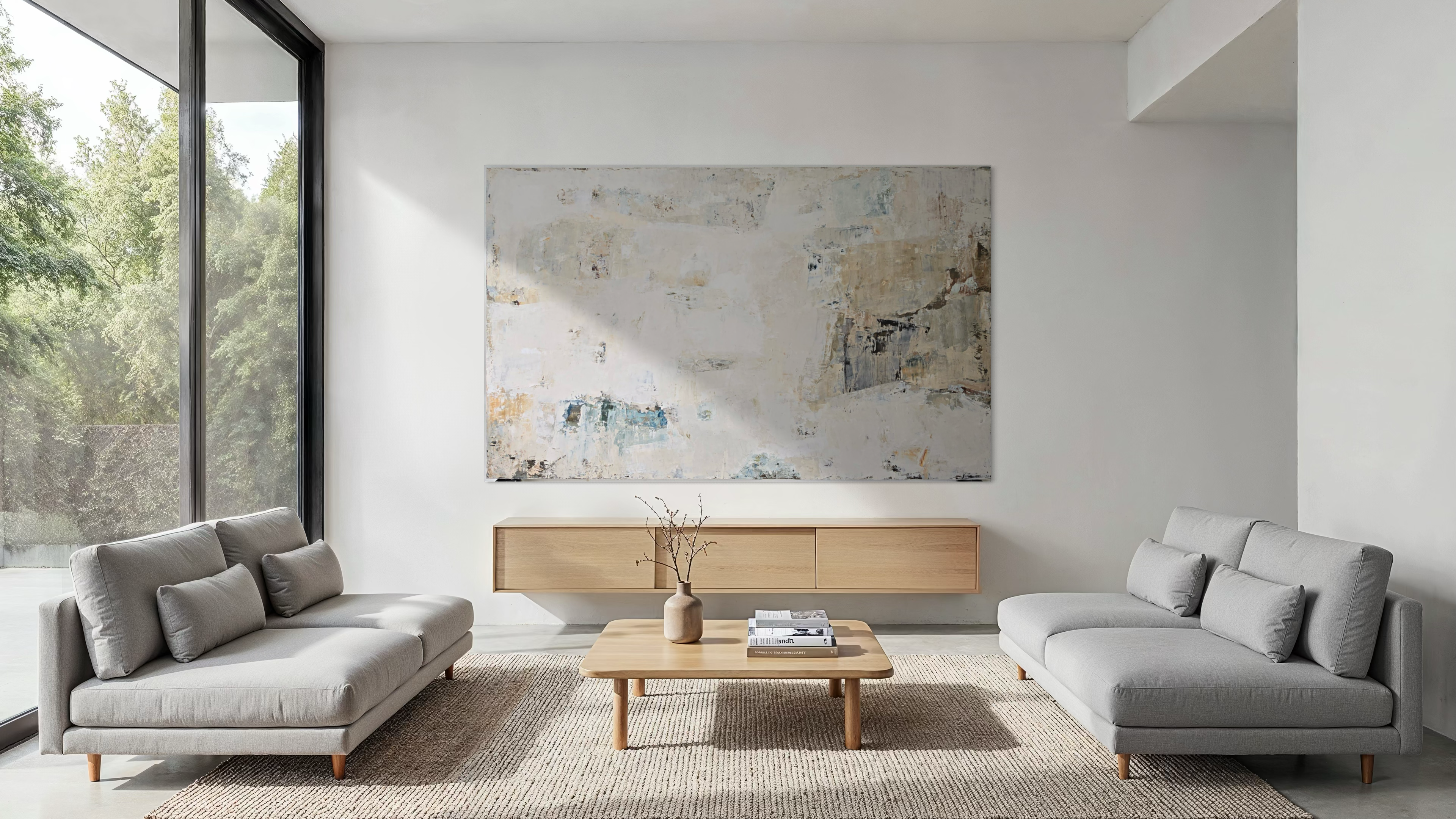 Large abstract canvas painting created by Birute Studio mounted on the wall above a wooden console in the modern interior.
