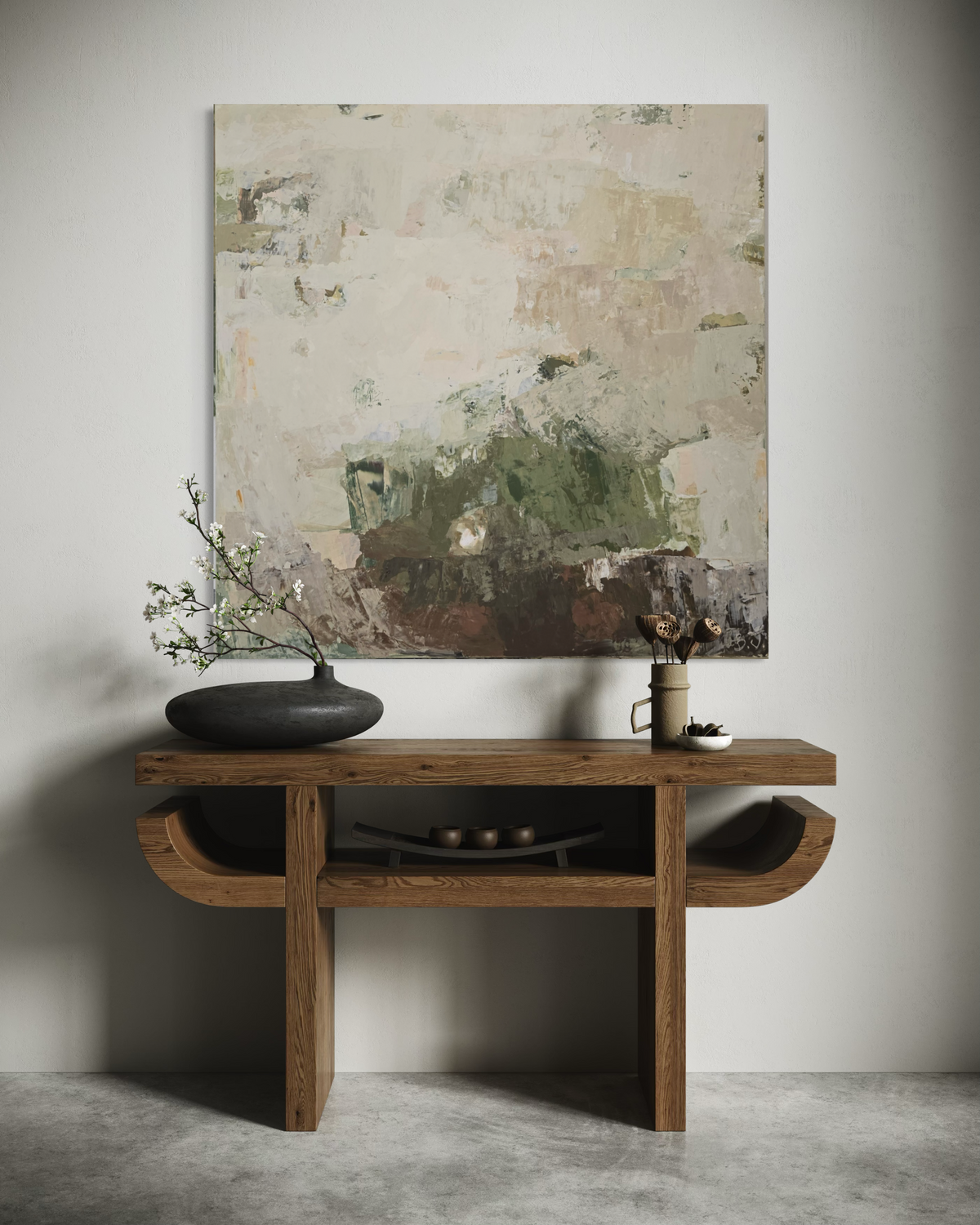 Didelis originalus paveikslas – Green Before the Quiet. 120x120 cm