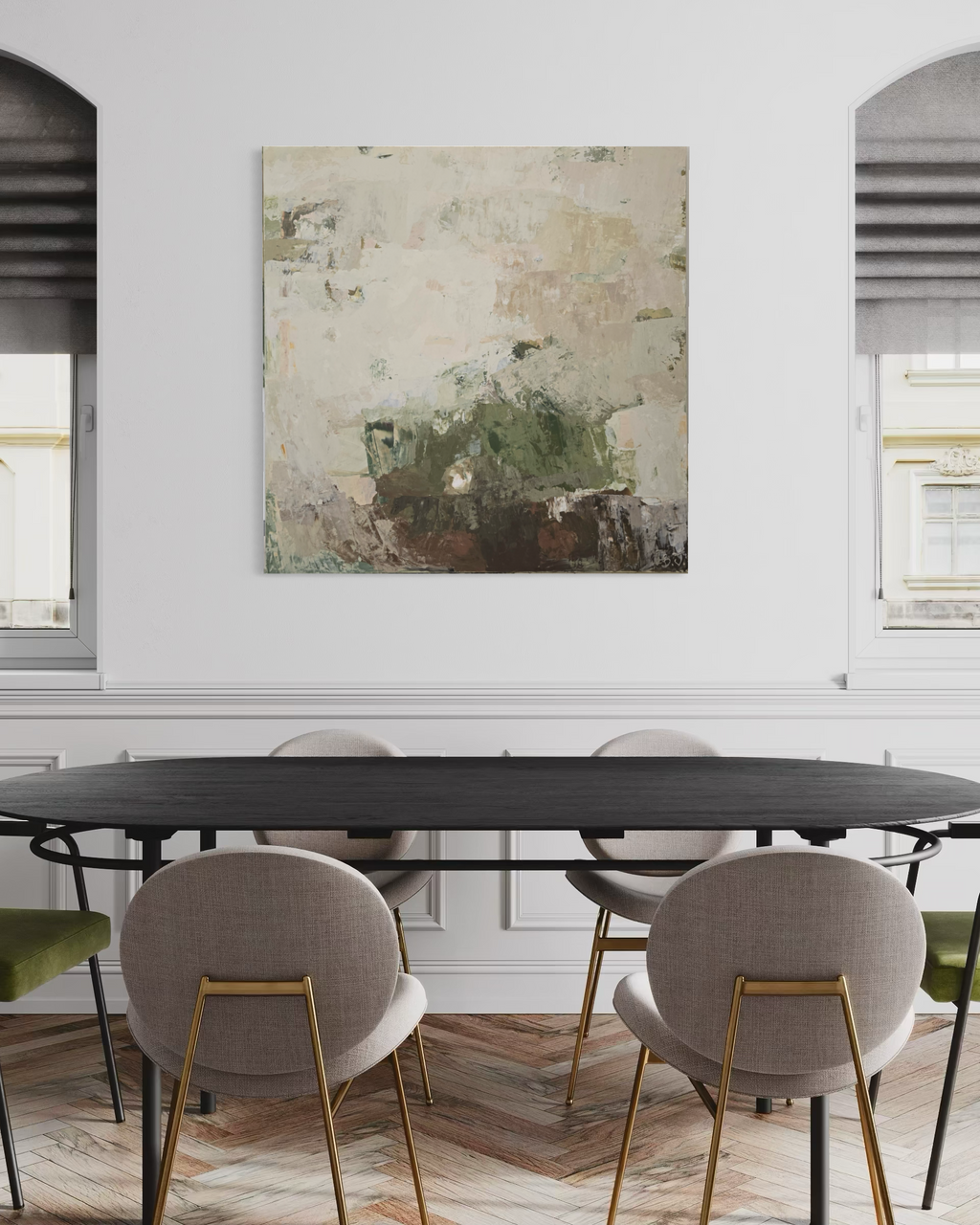Didelis originalus paveikslas – Green Before the Quiet. 120x120 cm