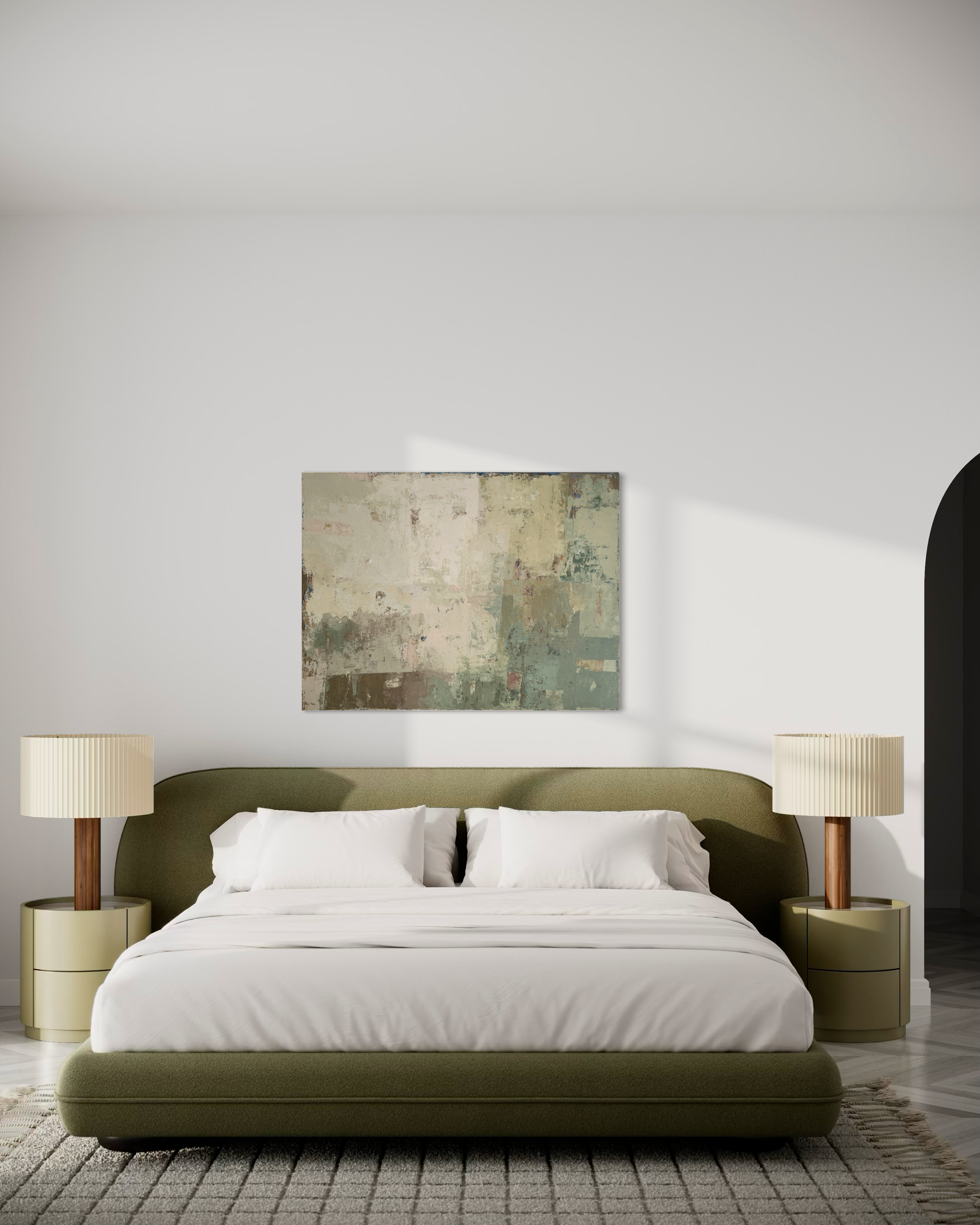 Modern bedroom with a green bed, white bedding, and earthy tones, layered, hand-made original abstract painting by Birute Studio.